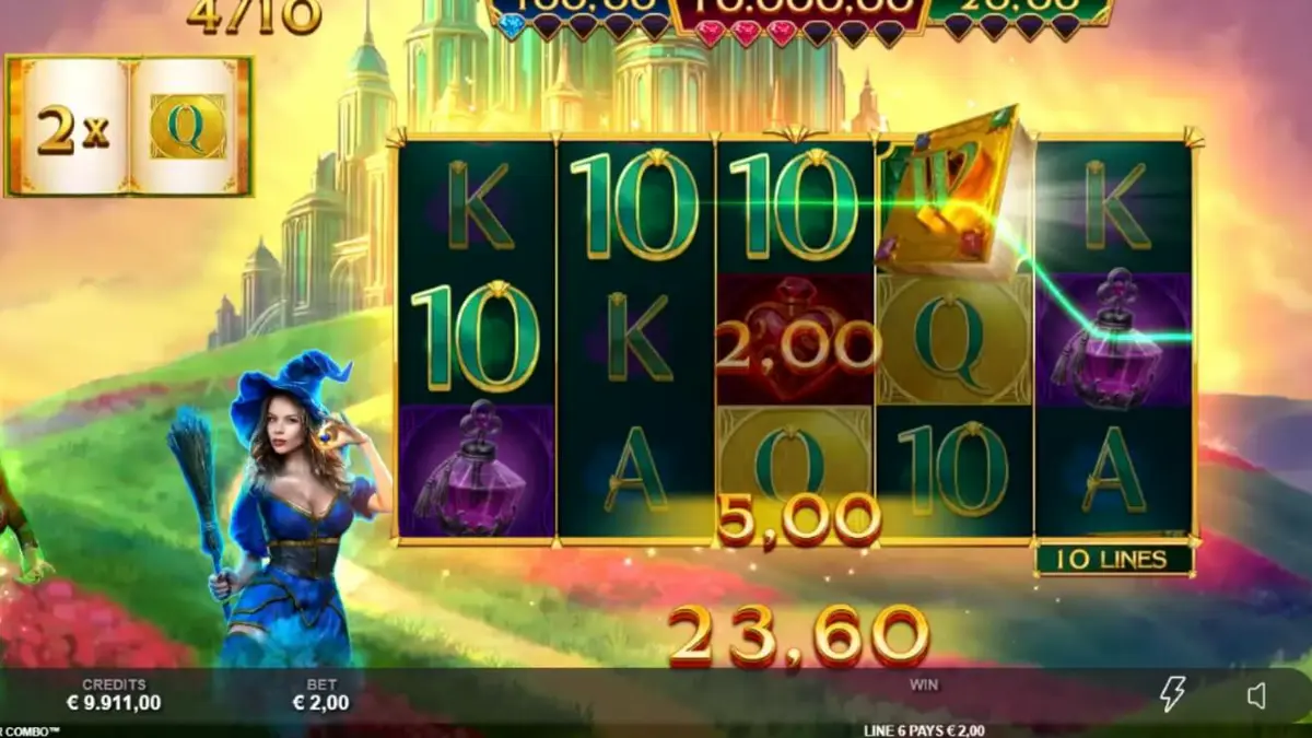 Interface do jogo Book of Oz Magic 5 Power Combo com elementos mágicos