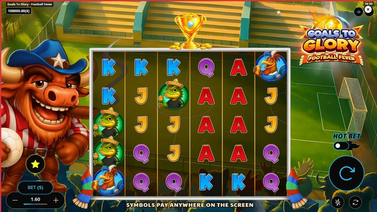 Animais antropomórficos jogando futebol em um estádio vibrante no slot Goals to Glory Football Fever
